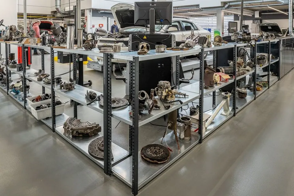 Automotive parts and equipment in a workshop
